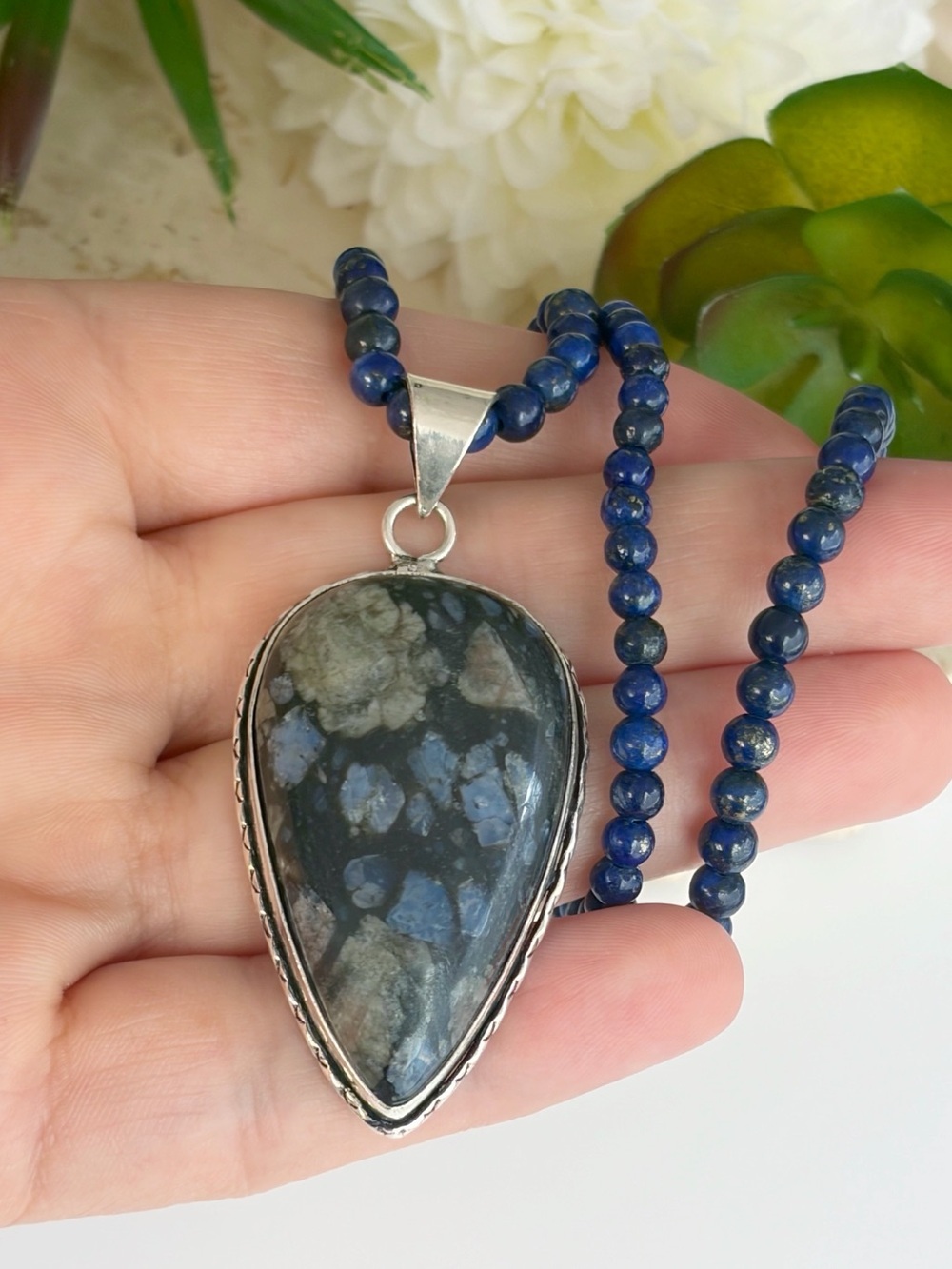 Que Sera Gemstone Pendant Lapis Lazuli Necklace Sterling Silver 925 Overlay New